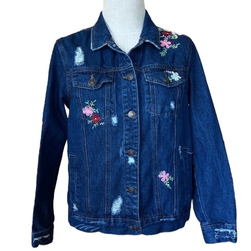 Wax Jeans Small Dark Denim Jacket Embroidered Flowers Distressed 100% Cotton - Picture 2 of 11